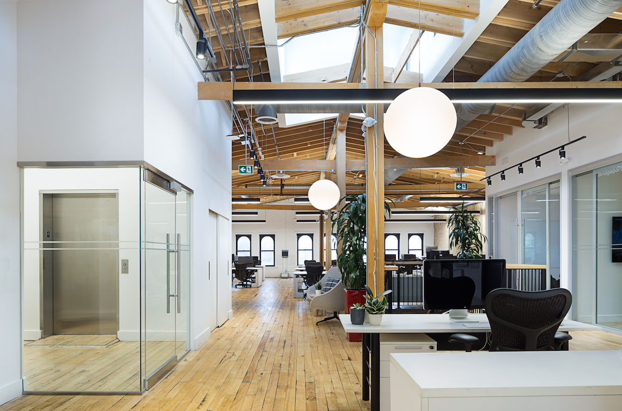 Upper floor entrance and skylights.